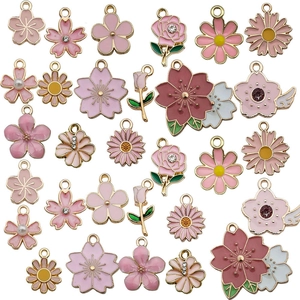 Pink and white flower charms with gold plating for DIY jewelry making and keychains