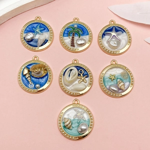 DIY Ocean Series Enamel Alloy Pendants Coconut Tree Shell Starfish Faux Artificial Pearl Oil Painting Style Charms For Jewelry Making