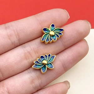 Detailed close-up of blue and green cloisonne lotus beads with gold trim and enamel finish
