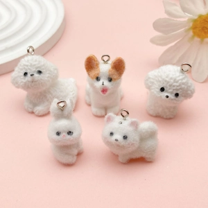 Set of five cute flocked resin animal pendants featuring corgis and rabbits with metal hooks
