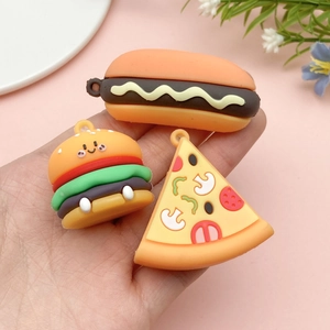 Cartoon 3D PVC food charms featuring burger, hot dog and pizza for DIY phone keychains