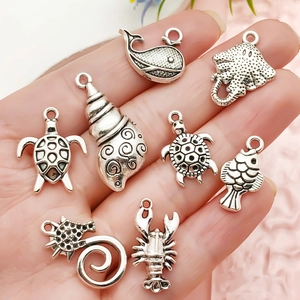 Vintage tibetan silver ocean charms set with turtle, seahorse, and whale for DIY jewelry