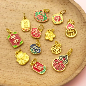 Chinese style gold enamel charms including lucky cat and gourd for DIY jewelry making