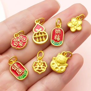 Chinese lucky charms gold enamel pendants with Maneki Neko and auspicious cloud designs