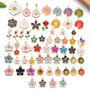 Colorful Enamel Flower Pendants Zinc Alloy Daisy Rose Cherry Blossom Charms With Rhinestone Artificial Pearl DIY Jewelry Findings