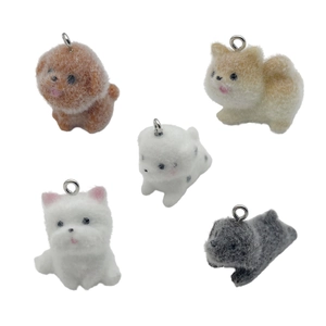Five-piece set of cute flocked dog charms in various colors with metal rings for DIY crafts