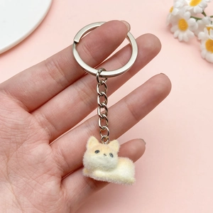 Cute flocked resin puppy dog keychain pendant with silver metal ring and chain