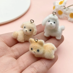 Mini flocked puppy pendants in white and yellow colors for DIY keychain accessories
