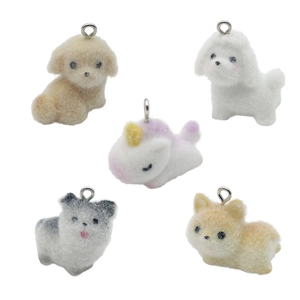 Cute flocked animal pendants set including cartoon puppies and purple unicorn with metal rings