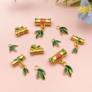 Bamboo style gold pendants with green enamel leaves and FU character for DIY jewelry