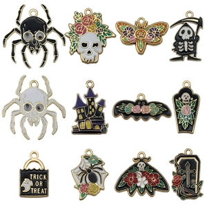 Set of 12 Halloween enamel alloy charms including spider, ghost, and pumpkin designs