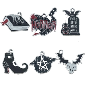 Set of 6 Halloween enamel alloy charms including magic book spider web and bat pendants