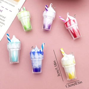 Set of 6 colorful 3D resin mini ice cream cup charms with straws for DIY jewelry making