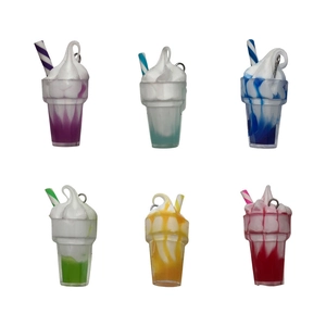 Set of 6 colorful resin 3D ice cream charms with metal loops and striped straws