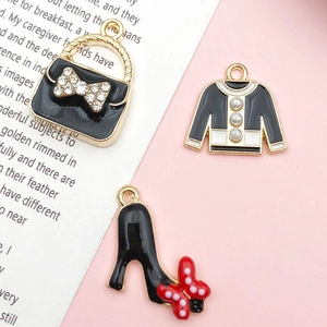 DIY alloy jewelry charms set featuring enamel handbags, sweaters, and red bow high heels