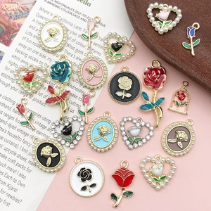 Vintage Rose Flower Enamel Alloy Charms For Jewelry Making Heart Artificial Pearl Border Floral Pendants For Women DIY Jewelry Making