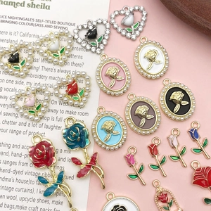 Assorted enamel rose flower alloy pendants with pearl accents for DIY jewelry making