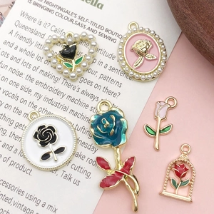 Elegant floral alloy pendants with colorful enamel finish and faux pearl details
