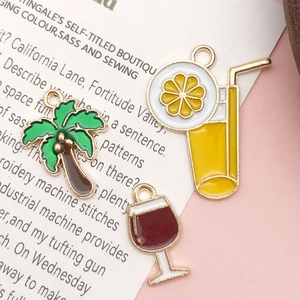 Three-piece summer themed gold alloy enamel pendants with coconut tree and tropical drinks