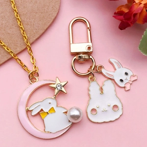 Easter rabbit charm set with crescent moon necklace and bunny keychain in gold finish