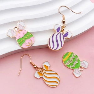 Colorful Easter egg pendants with bunny ears and enamel finish on golden metal hooks