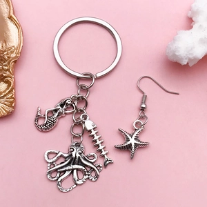 Antique silver marine jewelry set with mermaid octopus and starfish charms