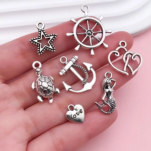 Retro silver marine charms set featuring anchor, mermaid, and turtle for DIY jewelry making