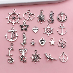 Vintage Antique Silver Nautical Marine Animal Alloy Charms Set Mermaid Anchor Helm Turtle Star Heart DIY Jewelry Making Pendant