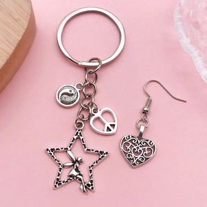 Antique silver alloy keychain and earrings set with celestial and heart charms