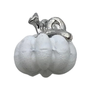 Detail of a white pumpkin-shaped charm with silver stem for DIY jewelry making