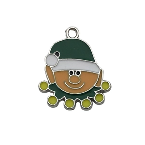 Detailed view of an alloy Christmas elf charm with green enamel finish and white trim