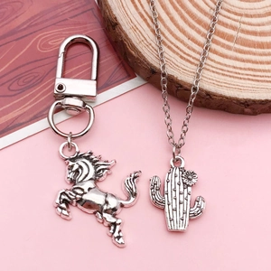 Antik-silberne Western-Pferde-Schlüsselanhänger und Kaktus-Halskette für DIY-Schmuck
