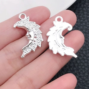 Détail macro de pendentifs lune et plume en argent montrant le recto et le verso