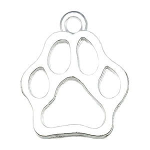 Close-up of a silver alloy hollowed-out paw print charm pendant for DIY jewelry design