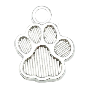 Close-up of a shiny silver alloy paw print pendant with detailed vertical texture