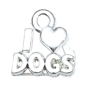 Detailed silver alloy dog bone charm with I heart DOGS lettering for jewelry