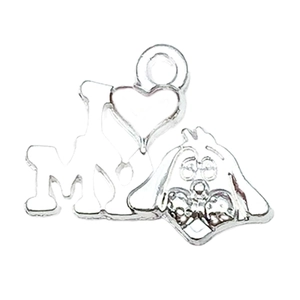 Polished silver alloy dog pendant with I Love My text for DIY jewelry making
