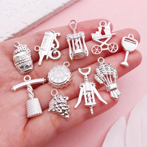 Polished silver alloy wine themed charms set for DIY jewelry necklaces and bracelets