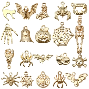 20pcs Halloween DIY charms set with pumpkin bat ghost skull pendants in gold finish