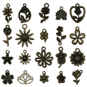 Set of 20 antique bronze flower charms including roses and sunflowers for DIY jewelry making