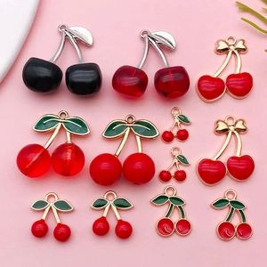 DIY cherry fruit pendants with enamel leaves and acrylic charms for jewelry making
