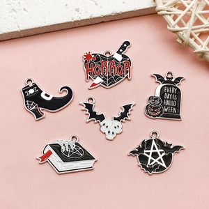 Gothic Halloween Alloy Enamel Charms For DIY Jewelry Making Tombstone Bat Magic Book Knife Shoe Skull Pendants For Earrings