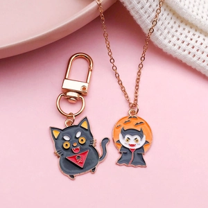 Halloween cartoon enamel alloy jewelry set with black cat charm and vampire necklace