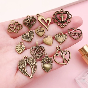 Antique bronze heart pendants collection for DIY jewelry making with wings and love tags