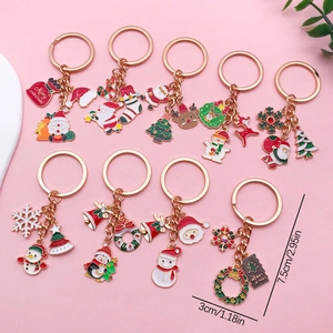 Detail view showing 9 styles of colorful Christmas keychains with sizes 7.5cm by 3cm