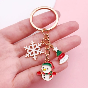 Detail of Christmas keychain with snowman, tree, and snowflake charms on a gold ring