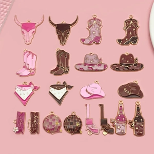 Pendentifs en Alliage d'Émail de Cow-boy de l'Ouest Rose Brun Bottes Chapeau Tête de Taureau DIY Bijoux Charmes Accessoires