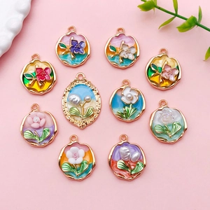 DIY colorful enamel tulip and rose charms with gold plating and pearls for necklaces