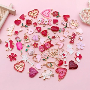 Pink heart and rose enamel pendant set for Valentine's DIY necklaces jewelry making