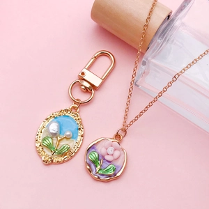 Floral oil painting enamel tulip necklace and keychain set with gold metal accents
